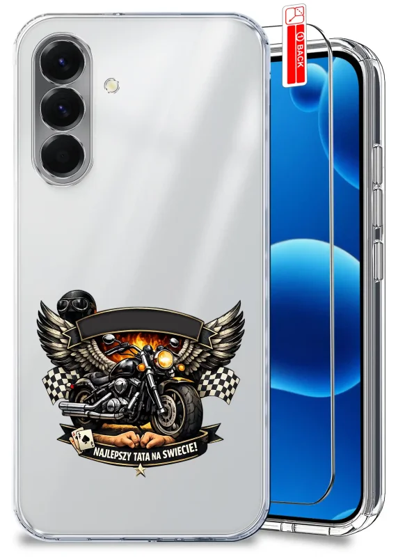 Przezroczyste etui dla Taty do Samsung Galaxy A56 5G z motocyklem i napisem Najlepszy Tata na świecie oraz szkło hartowane w zestawie