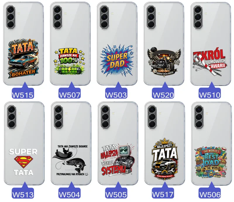 Kolekcja wzorów dla Taty i na Dzień Ojca do Samsung Galaxy A56 5G:  kolorowe grafiki i napisy Super Tata, Super Dad, Najlepszy Tata Na Świecie i inne