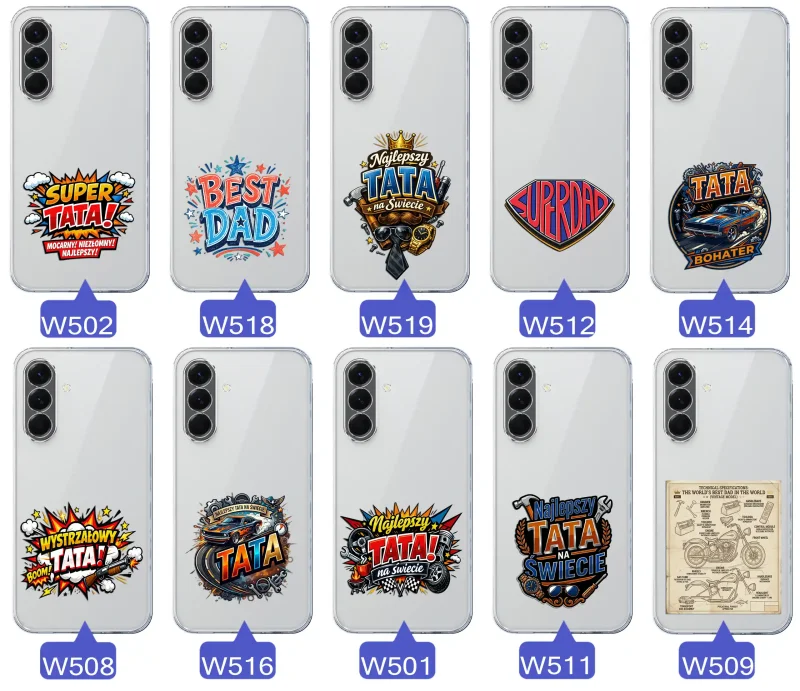 Różne wzory przezroczystych etui dla Taty do Samsung Galaxy A56 5G z kolorowymi nadrukami i motywami na Dzień Ojca i nie tylko