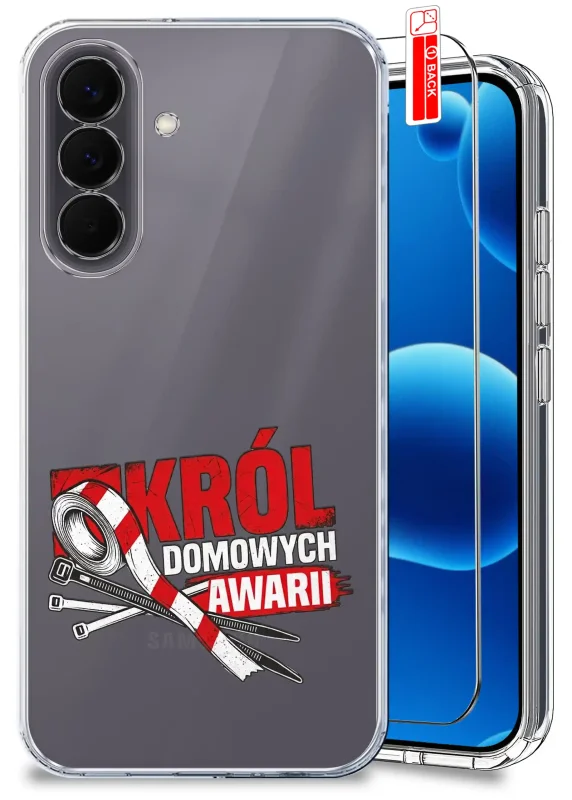 Przezroczyste etui dla Taty do Samsung Galaxy A57 5G z napisem Król Domowych Awarii oraz szkło hartowane w zestawie