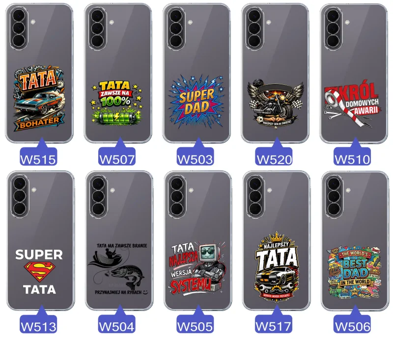 Kolekcja wzorów dla Taty i na Dzień Ojca do Samsung Galaxy A57 5G:  kolorowe grafiki i napisy Super Tata, Super Dad, Najlepszy Tata Na Świecie i inne