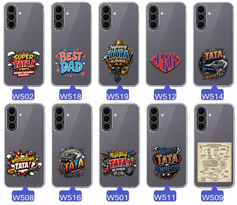 Różne wzory przezroczystych etui dla Taty do Samsung Galaxy A57 5G z kolorowymi nadrukami i motywami na Dzień Ojca i nie tylko