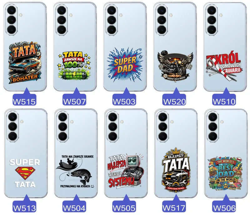 Kolekcja wzorów dla Taty i na Dzień Ojca do Samsung Galaxy S26+ Plus:  kolorowe grafiki i napisy Super Tata, Super Dad, Najlepszy Tata Na Świecie i inne