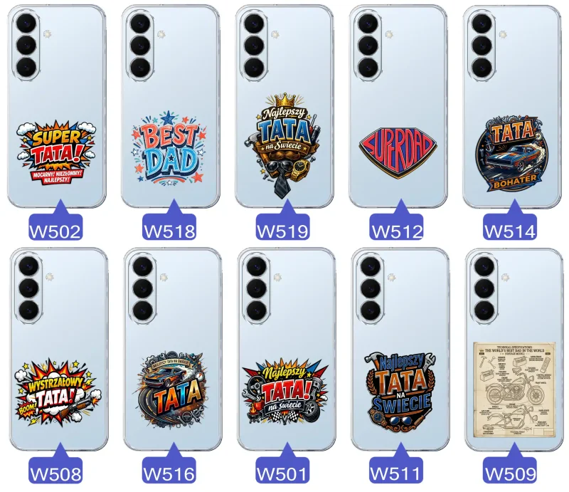 Różne wzory przezroczystych etui dla Taty do Samsung Galaxy S26+ Plus z kolorowymi nadrukami i motywami na Dzień Ojca i nie tylko