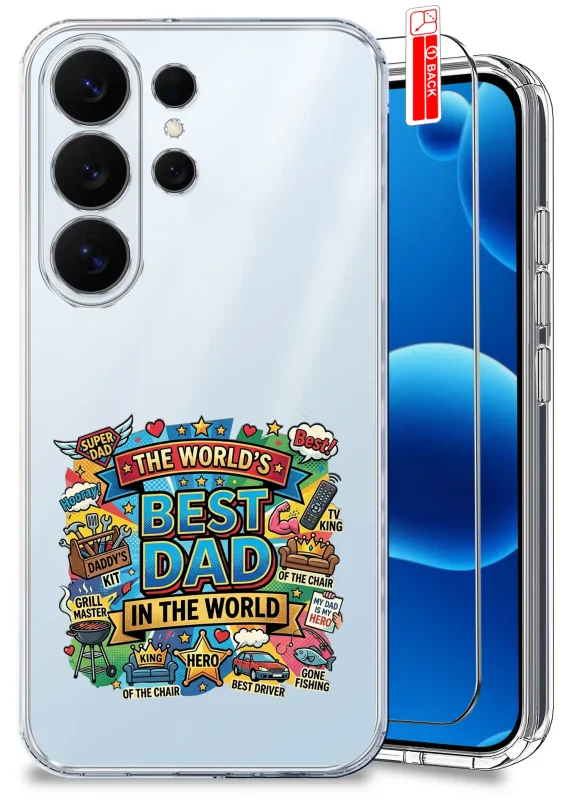 Przezroczyste etui dla Taty do Samsung Galaxy S26 Ultra z kolorowym nadrukiem „The Worlds Best Dad in the World” oraz szkło hartowane w zestawie