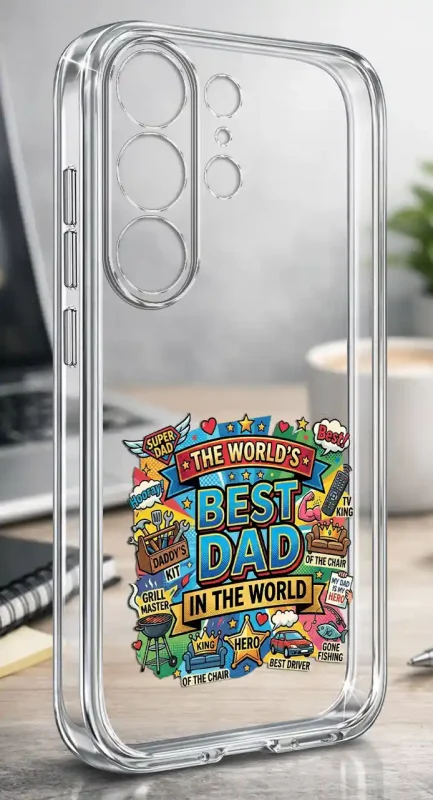 Silikonowe bezbarwne etui do Samsung Galaxy S26 Ultra z kolorowym wzorem dla Taty, prezentowane na biurku