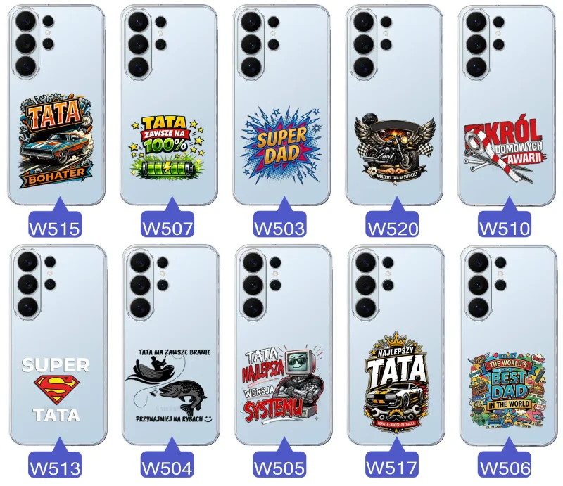 Kolekcja wzorów dla Taty i na Dzień Ojca do Samsung Galaxy S26 Ultra:  kolorowe grafiki i napisy Super Tata, Super Dad, Najlepszy Tata Na Świecie i inne