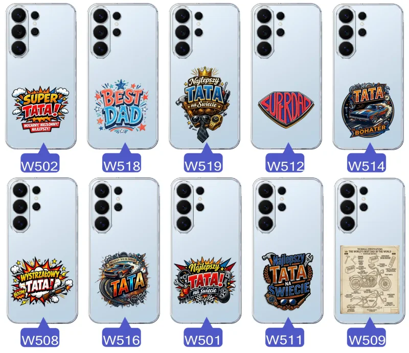 Różne wzory przezroczystych etui dla Taty do Samsung Galaxy S26 Ultra z kolorowymi nadrukami i motywami na Dzień Ojca i nie tylko