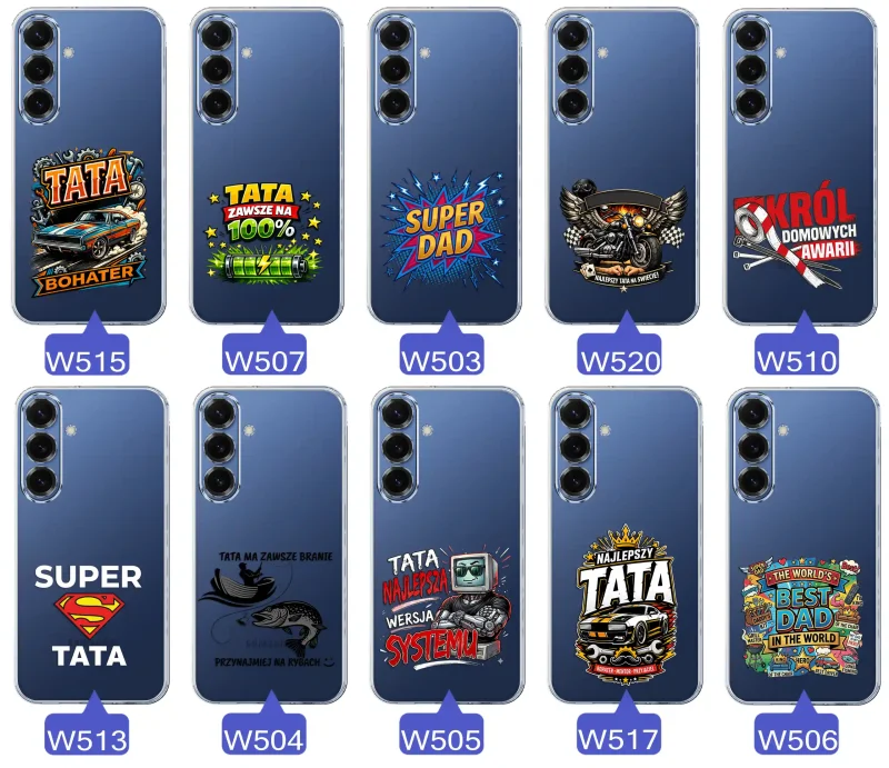 Kolekcja wzorów dla Taty i na Dzień Ojca do Samsung Galaxy S25:  kolorowe grafiki i napisy Super Tata, Super Dad, Najlepszy Tata Na Świecie i inne