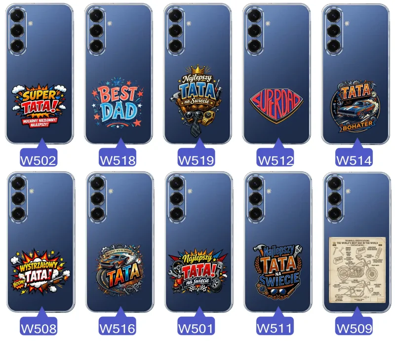 Różne wzory przezroczystych etui dla Taty do Samsung Galaxy S25 z kolorowymi nadrukami i motywami na Dzień Ojca i nie tylko
