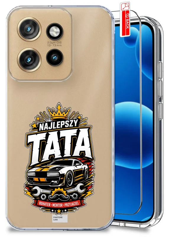 Przezroczyste etui dla Taty do Motorola Edge 50 Neo z napisem „Najlepszy Tata” i grafiką sportowego samochodu oraz szkło hartowane w zestawie