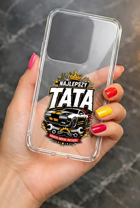 Transparentne etui 2 mm do Motorola Edge 50 Neo dla Taty z wzorem „Najlepszy Tata” i sportowym samochodem: elegancki wygląd smartfona w dłoni