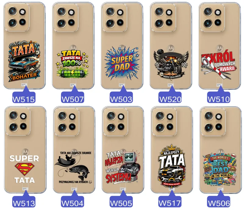 Kolekcja wzorów dla Taty i na Dzień Ojca do Motorola Edge 50 Neo:  kolorowe grafiki i napisy Super Tata, Super Dad, Najlepszy Tata Na Świecie i inne