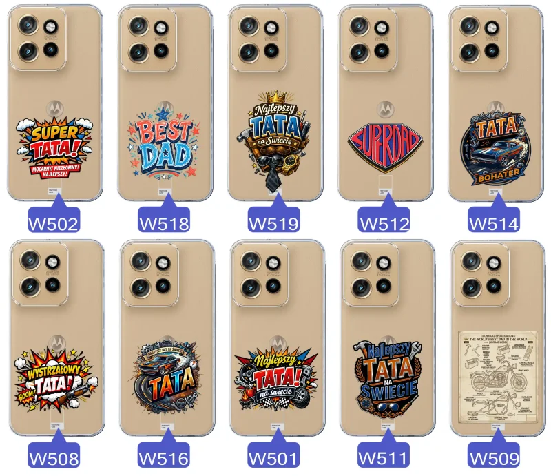 Różne wzory przezroczystych etui dla Taty do Motorola Edge 50 Neo z kolorowymi nadrukami i motywami na Dzień Ojca i nie tylko