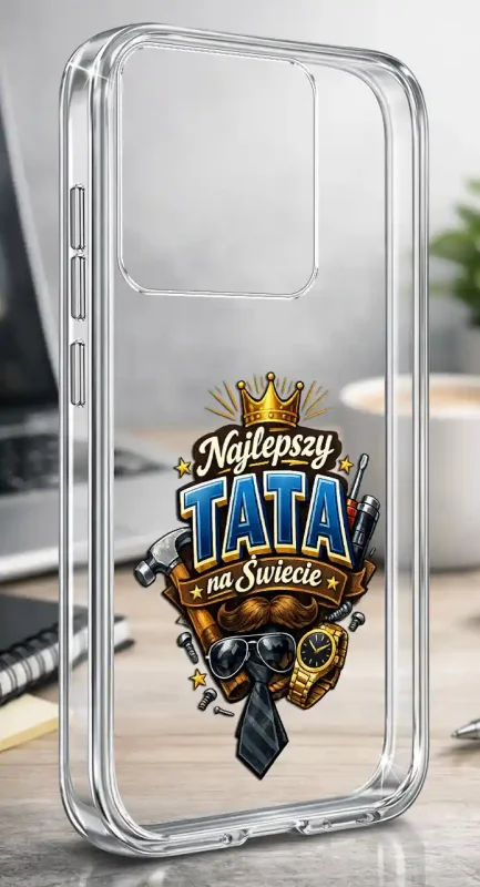 Silikonowe bezbarwne etui do Motorola Edge 60 Pro 5G z kolorowym napisem Najlepszy Tata Na Świecie, prezentowane na biurku