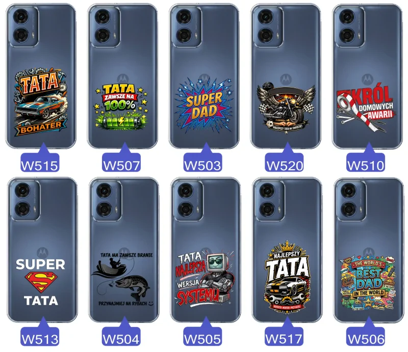 Kolekcja wzorów dla Taty i na Dzień Ojca do Motorola Moto G35 5G:  kolorowe grafiki i napisy Super Tata, Super Dad, Najlepszy Tata Na Świecie i inne