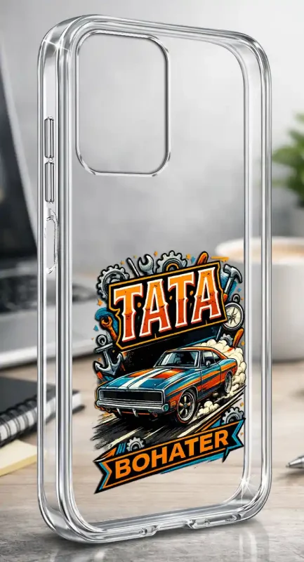 Silikonowe bezbarwne etui do Motorola Moto G55 5G z kolorowym napisem Tata Bohater, prezentowane na biurku