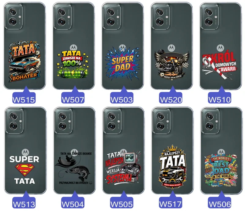 Kolekcja wzorów dla Taty i na Dzień Ojca do Motorola Moto G55 5G:  kolorowe grafiki i napisy Super Tata, Super Dad, Najlepszy Tata Na Świecie i inne