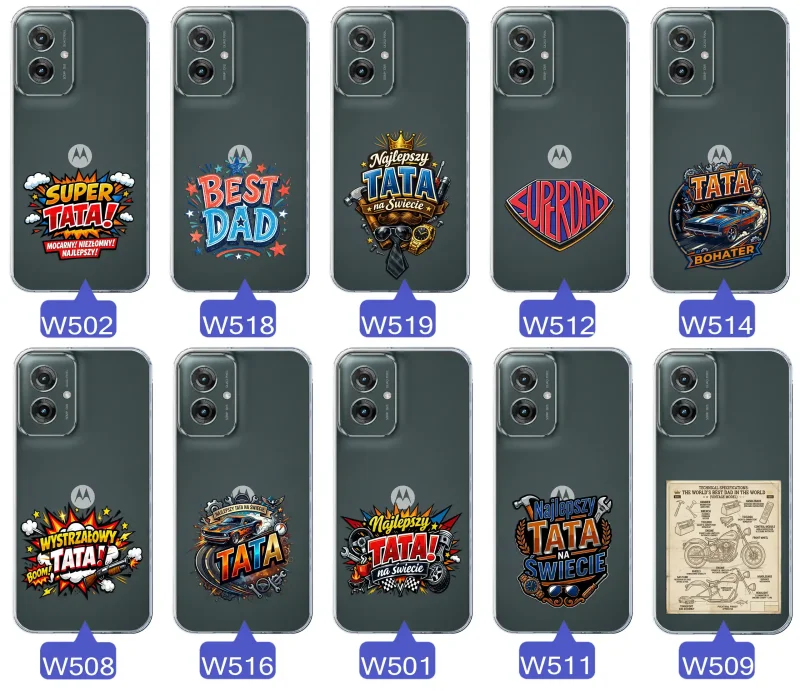Różne wzory przezroczystych etui dla Taty do Motorola Moto G55 5G z kolorowymi nadrukami i motywami na Dzień Ojca i nie tylko