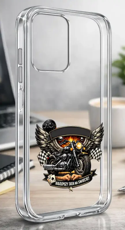 Silikonowe bezbarwne etui do Motorola Moto G24 / G24 Power / G04 / E14 z motocyklem i napisem Najlepszy Tata Na Świecie, prezentowane na biurku