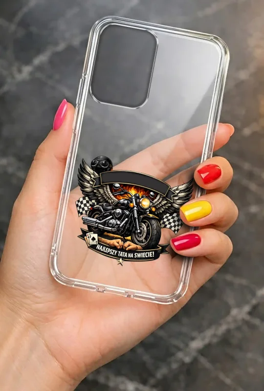 Transparentne etui 2 mm do Motorola Moto G24 / G24 Power / G04 / E14 z dla Taty z wzorem motocykla i napisem Najlepszy Tata Na Świecie: elegancki wygląd smartfona w dłoni