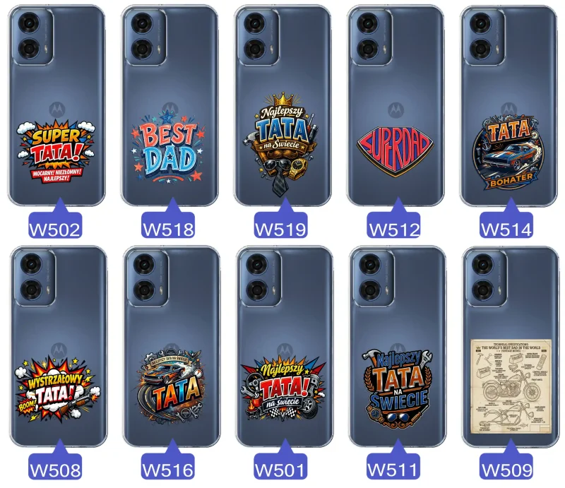 Różne wzory przezroczystych etui dla Taty do Motorola Moto G24 / G24 Power / G04 / E14 z kolorowymi nadrukami i motywami na Dzień Ojca i nie tylko