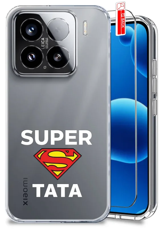 Przezroczyste etui dla Taty do Xiaomi 15 z napisem SUPER TATA oraz szkło hartowane w zestawie