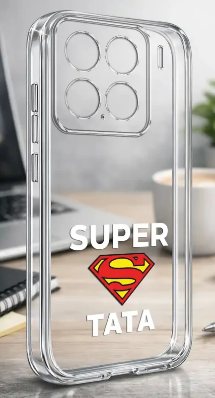 Silikonowe bezbarwne etui do Xiaomi 15 z napisem SUPER TATA, prezentowane na biurku