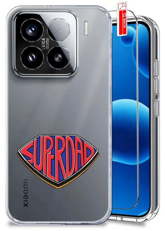 Przezroczyste etui dla Taty do Xiaomi 15 Pro z kolorowym nadrukiem SUPER DAD oraz szkło hartowane w zestawie