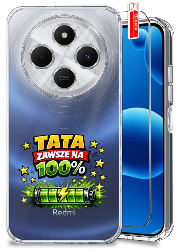 Przezroczyste etui dla Taty do Xiaomi Redmi 14C z kolorowym nadrukiem „Tata zawsze na 100%” oraz szkło hartowane w zestawie