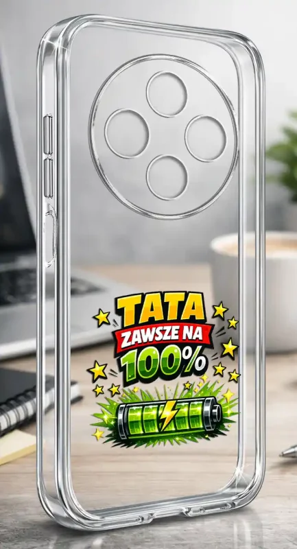 Przezroczyste silikonowe etui do Xiaomi Redmi 14C z napisem „Tata zawsze na 100%” prezentowane na biurku