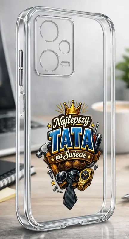 Silikonowe bezbarwne etui do Xiaomi Redmi Note 12 5G z kolorowym napisem Najlepszy Tata Na Świecie, prezentowane na biurku