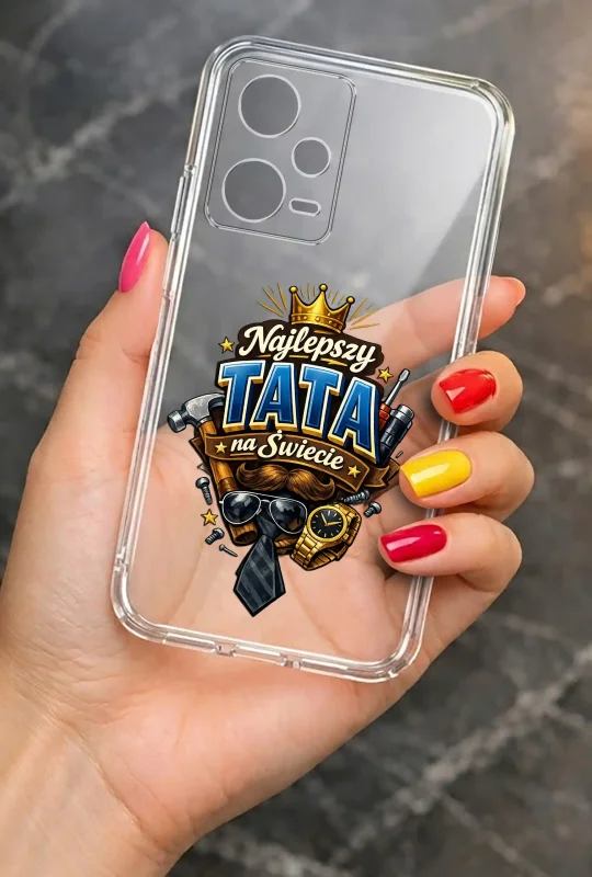Transparentne etui 2 mm do Xiaomi Redmi Note 12 5G dla Taty z wzorem Najlepszy Tata Na Świecie: elegancki wygląd smartfona w dłoni
