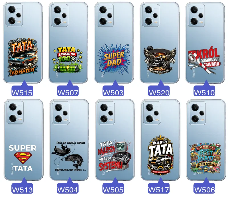 Kolekcja wzorów dla Taty i na Dzień Ojca do Xiaomi Redmi Note 12 5G:  kolorowe grafiki i napisy Super Tata, Super Dad, Najlepszy Tata Na Świecie i inne