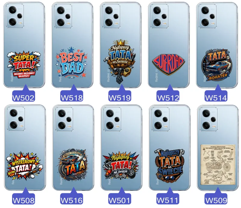Różne wzory przezroczystych etui dla Taty do Xiaomi Redmi Note 12 5G z kolorowymi nadrukami i motywami na Dzień Ojca i nie tylko