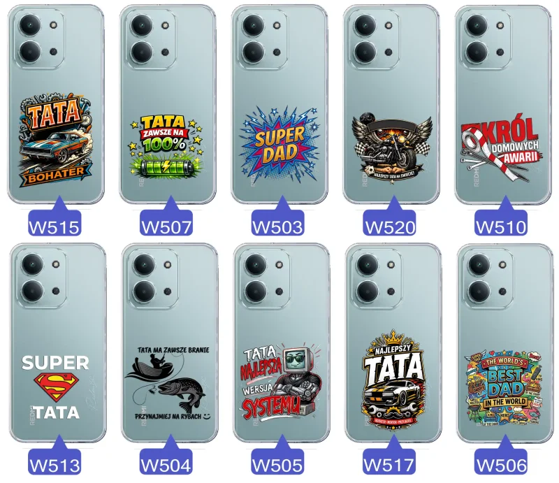 Kolekcja wzorów dla Taty i na Dzień Ojca do Xiaomi Redmi 15C:  kolorowe grafiki i napisy Super Tata, Super Dad, Najlepszy Tata Na Świecie i inne