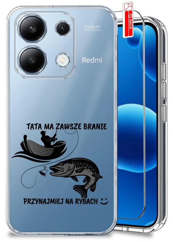 Przezroczyste etui dla Taty wędkarza do Xiaomi Redmi Note 13 4G z napisem „Tata ma zawsze branie, przynajmniej na rybach” oraz szkło hartowane w zestawie