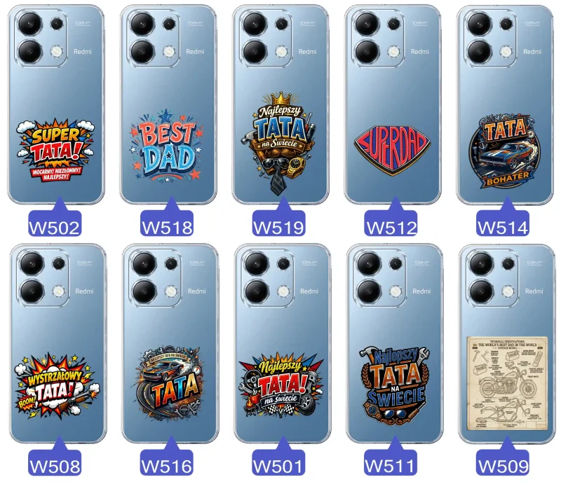 Różne wzory przezroczystych etui dla Taty do Xiaomi Redmi Note 13 4G z kolorowymi nadrukami i motywami na Dzień Ojca i nie tylko