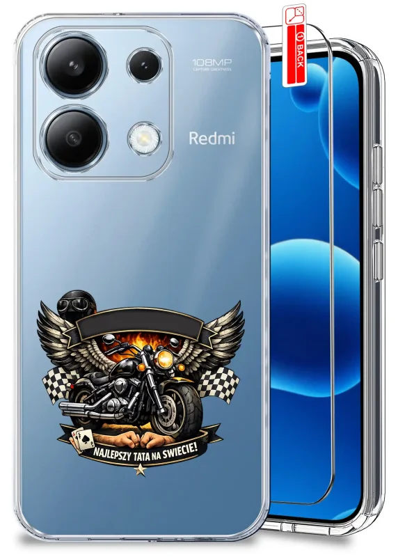 Przezroczyste etui dla Taty do Xiaomi Redmi Note 13 Pro 4G z motocyklem i napisem Najlepszy Tata na świecie oraz szkło hartowane w zestawie