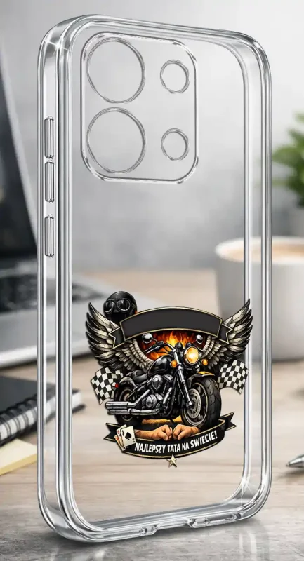 Silikonowe bezbarwne etui do Xiaomi Redmi Note 13 Pro 4G z motocyklem i napisem Najlepszy Tata Na Świecie, prezentowane na biurku