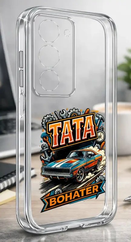 Silikonowe bezbarwne etui do Xiaomi Redmi 15 4G / 5G z kolorowym napisem Tata Bohater, prezentowane na biurku