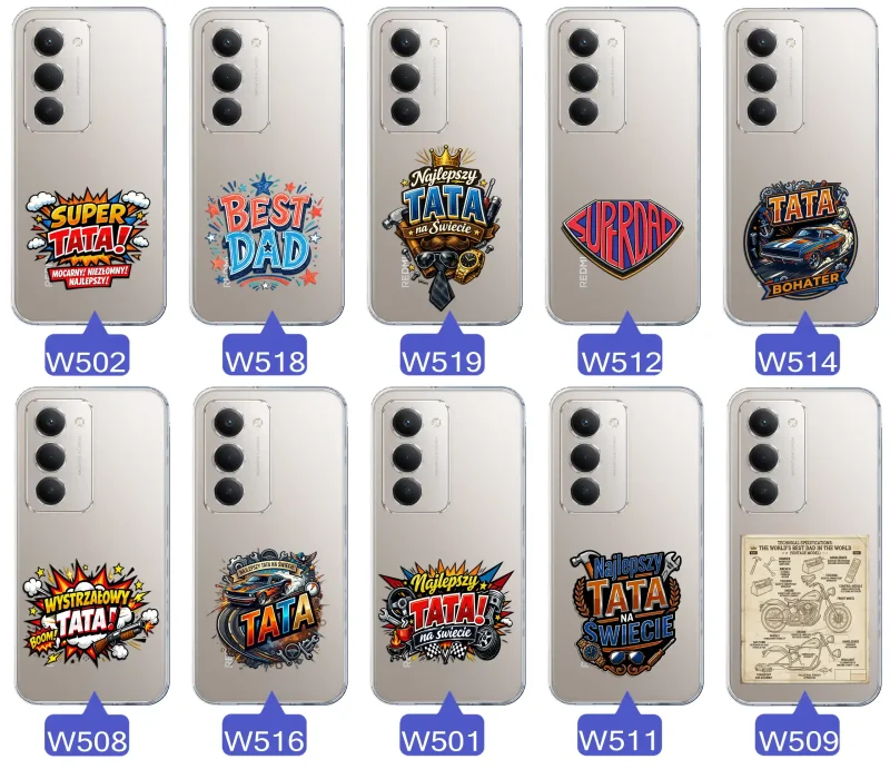 Różne wzory przezroczystych etui dla Taty do Xiaomi Redmi 15 4G / 5G z kolorowymi nadrukami i motywami na Dzień Ojca i nie tylko