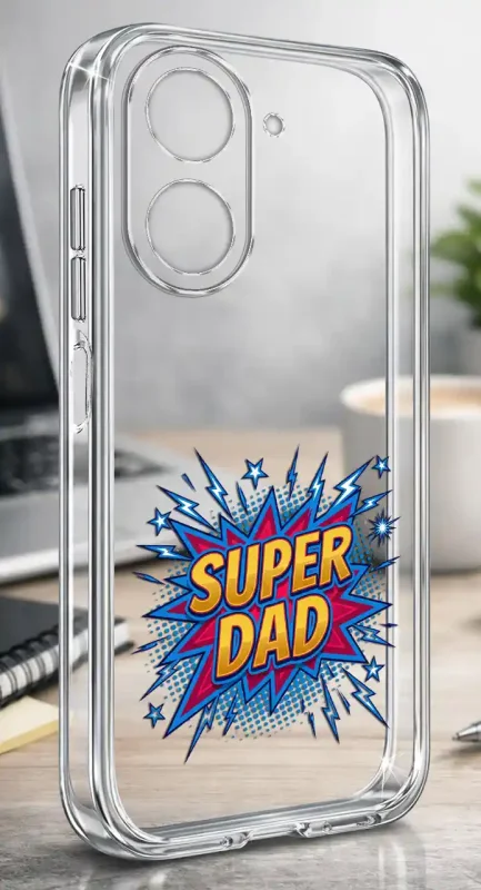 Przezroczyste silikonowe etui do Xiaomi Redmi A5 z napisem SUPER DAD prezentowane na biurku