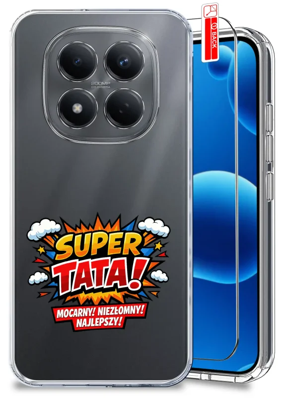 Przezroczyste etui dla Taty do Xiaomi Redmi Note 15 Pro 4G z kolorowym nadrukiem SUPER TATA oraz szkło hartowane w zestawie