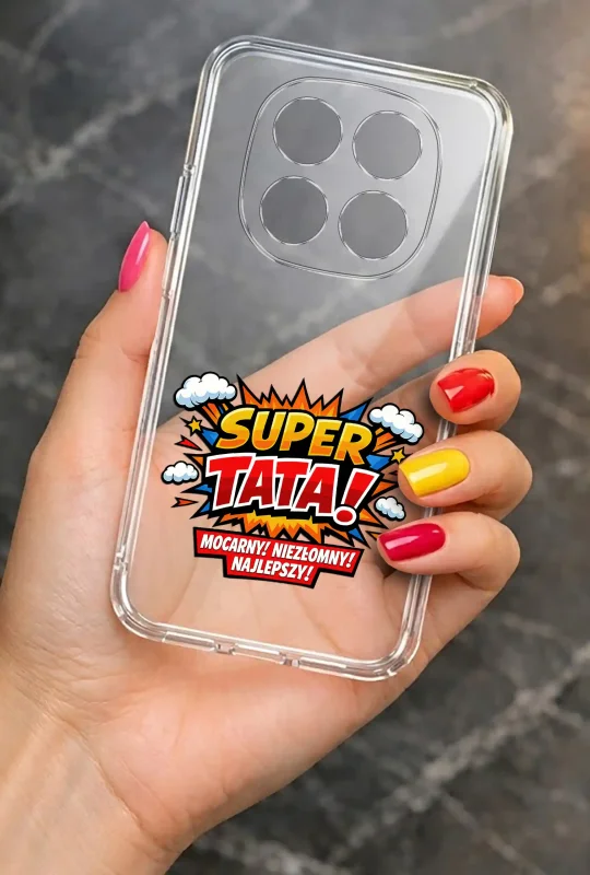 Transparentne etui 2 mm do Xiaomi Redmi Note 15 Pro 4G dla Taty z wzorem SUPER TATA: elegancki wygląd smartfona w dłoni