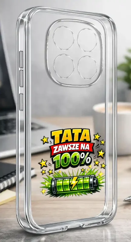 Przezroczyste silikonowe etui do Xiaomi Redmi Note 15 5G z napisem „Tata zawsze na 100%” prezentowane na biurku