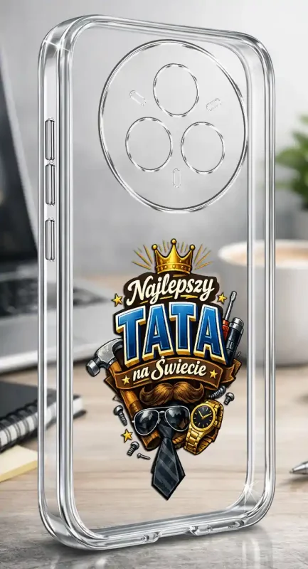 Silikonowe bezbarwne etui do Realme 14 Pro+ Plus 5G z kolorowym napisem Najlepszy Tata Na Świecie, prezentowane na biurku