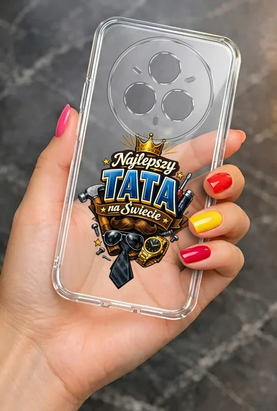 Transparentne etui 2 mm do Realme 14 Pro+ Plus 5G dla Taty z wzorem Najlepszy Tata Na Świecie: elegancki wygląd smartfona w dłoni
