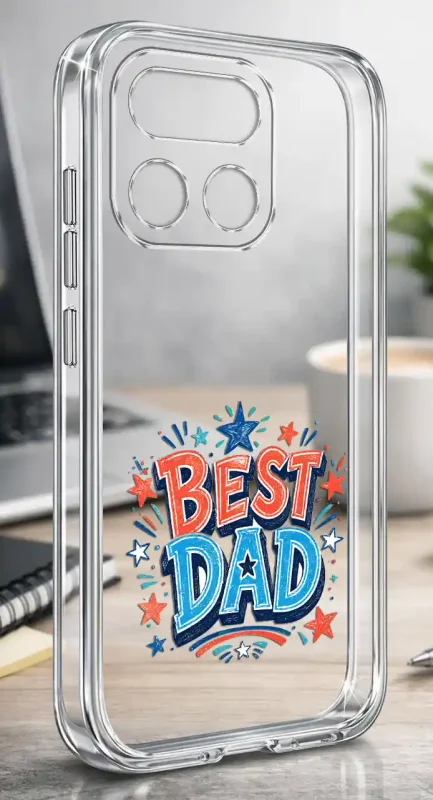 Silikonowe bezbarwne etui do Realme 16 Pro+ Plus 5G z kolorowym napisem BEST DAD, prezentowane na biurku