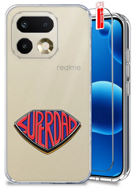 Przezroczyste etui dla Taty do Realme 16 Pro z kolorowym nadrukiem SUPER DAD oraz szkło hartowane w zestawie